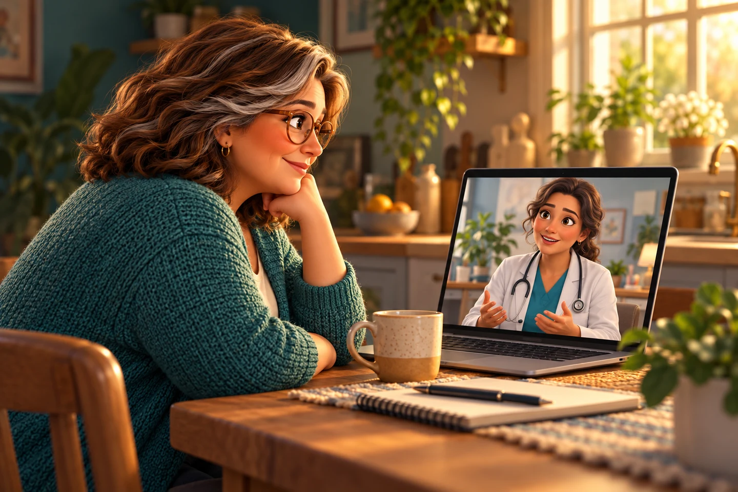 The illustrated woman speaking with an illustrated clinician on a laptop