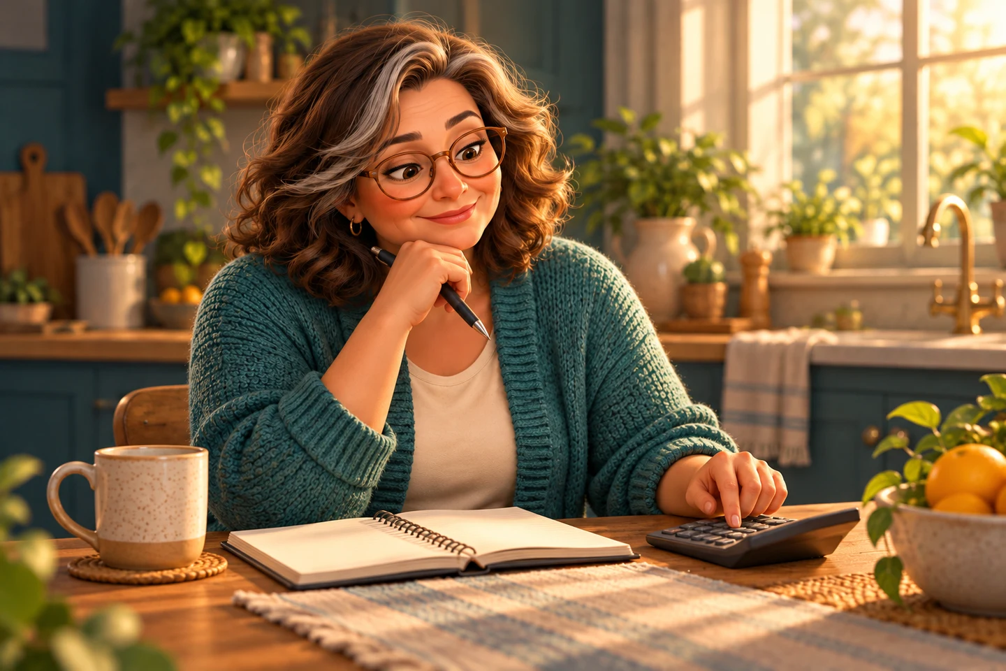 An illustrated woman reviewing her budget at her kitchen table