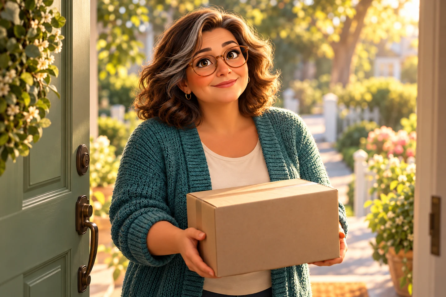 The same illustrated woman holding a plain delivery box at her doorway